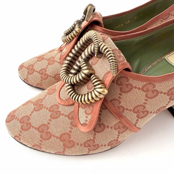 GUCCI || Rare GG Torchon Logo Canvas Monogram Pumps Copper Trim Heels EU 40 - Picture 8 of 16